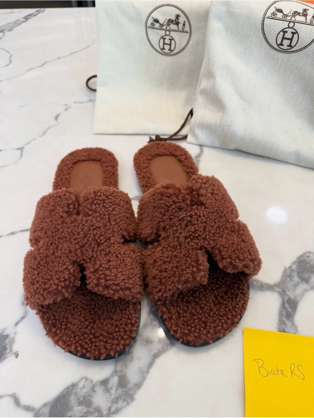 Hermes Brown Shearling H Double Slide Flats